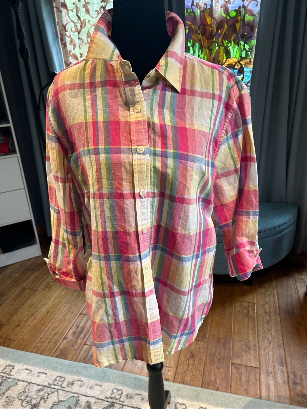 Talbots Pink Yellow Green Plaid Button-Down Irish Linen Blend shirt